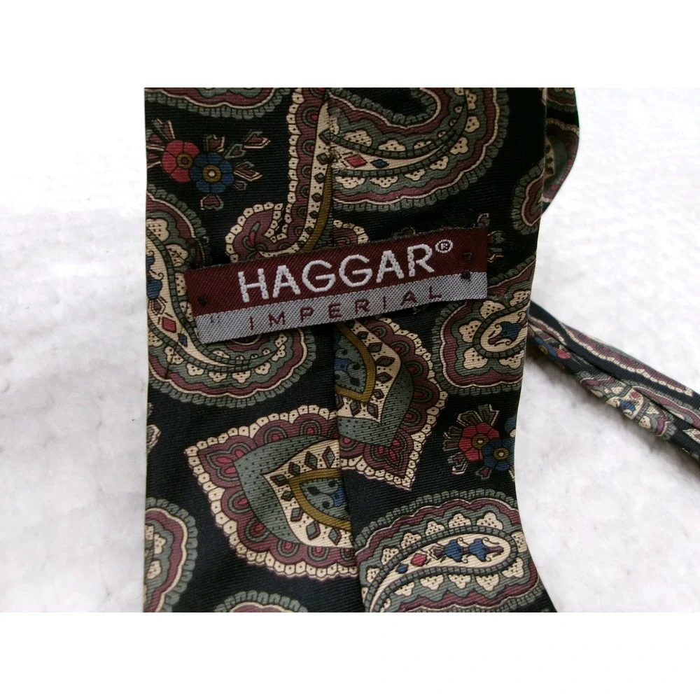 Haggar Mens‎ OS Necktie Black Multi Paisley Silk Imperial Made in USA